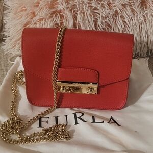 Furla Coral-Red Leather Crossbody with Gold Hardware